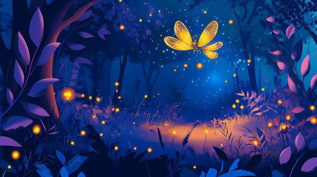 Whimsical scene enchanted forests and magical creatures shimmering pixie dust and sparkling fairy lights illuminate landscape. Enchanted Firefly Night. Illustration