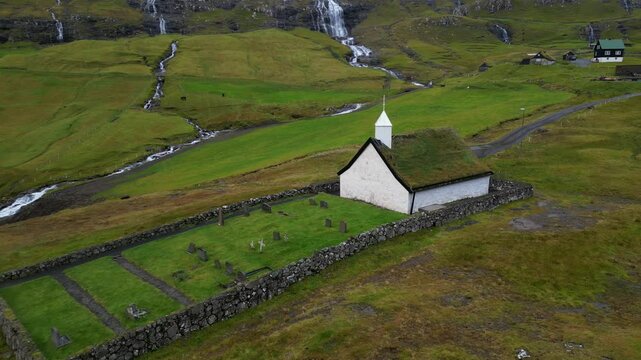 Aerial view of Saksun church and scenery of the Faroe islands