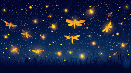 Fireflies in the night. Enchanted Firefly Night. Illustration