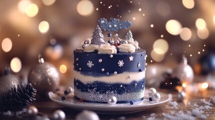 A beautifully decorated festive cake with winter-themed elements and sparkling lights.