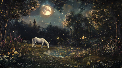 Fototapeta premium An enchanted glade where unicorns graze and fairies dance in the moonlight. Enchanted Firefly Night. Illustration