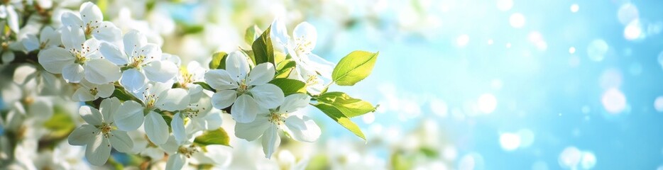 Obraz premium A close-up of white flowers against a soft blue background with bokeh effects.