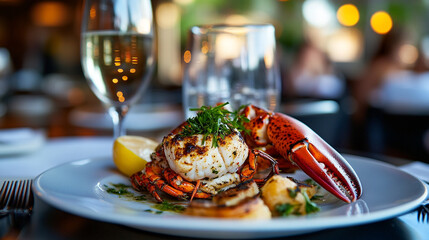 Grilled seafood platter featuring lobster, scallops, and wine in a fine dining restaurant