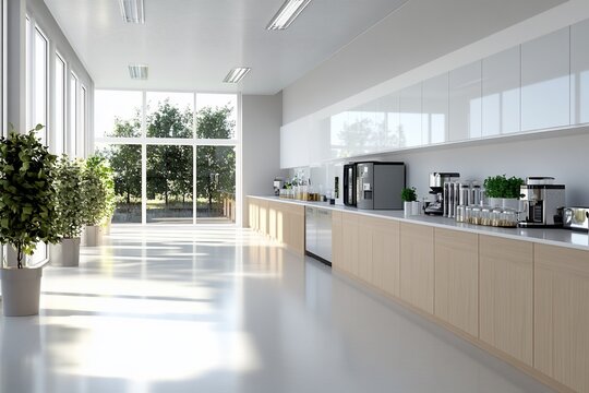 Modern bright office breakroom with large windows, plants, and kitchen appliances.