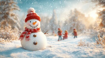 Fototapeta premium Christmas Day snowy outdoor scene with a cheerful snowman and children playing in the background 