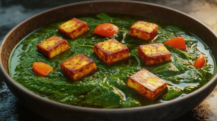 A bowl of palak paneer with paneer cubes and carrots in a vibrant spinach sauce.