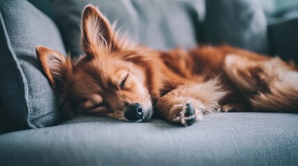 A sleeping dog curled up comfortably on a couch.