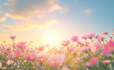 Obraz premium A serene field of pink flowers illuminated by a warm sunrise.