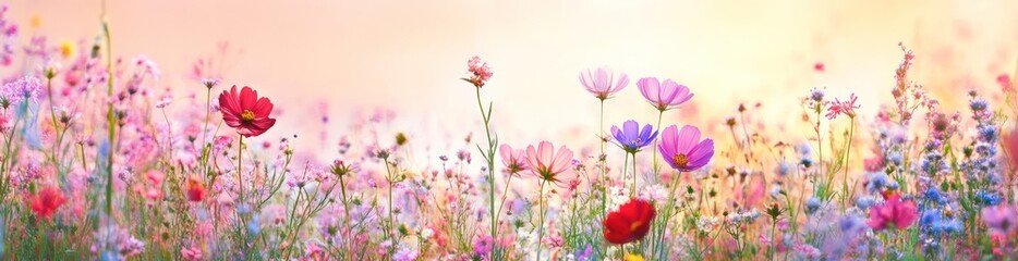 Obraz premium A vibrant field of wildflowers in various colors under a soft, pastel sky.