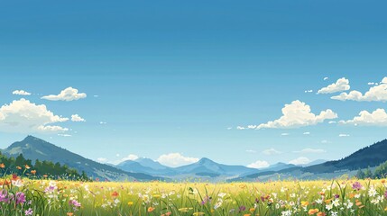 Obraz premium Captivating Springtime Scene Vibrant Meadow Nature Illustration Open Landscape Wide Angle View Colorful Wildflowers and Sky