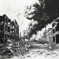 A black and white illustration of a destroyed city with collapsed buildings and ruins filling the street. 