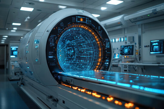 A futuristic photograph of a tomograph or medical scanner equipped with modern digital technology and glowing screens with graphical interfaces 