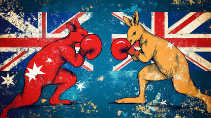 Boxing kangaroos before Australian flag symbolizing sportsmanship and national pride