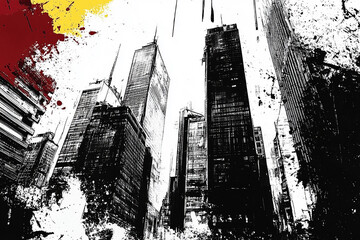 A striking hand drawn image of a city skyline painted with ink on buildings