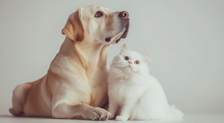 A Labrador dog and a fluffy white cat sitting together, showcasing friendship between pets.