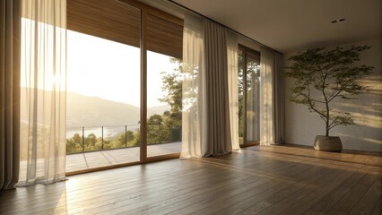 Sunlight filters through curtains casting soft shadows on a polished wooden floor which brings warmth and natural elegance to the minimalist design.