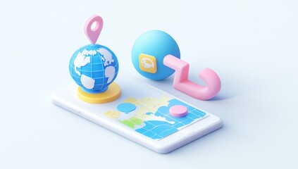 3D illustration of a smartphone with a globe and location marker, symbolizing navigation.
