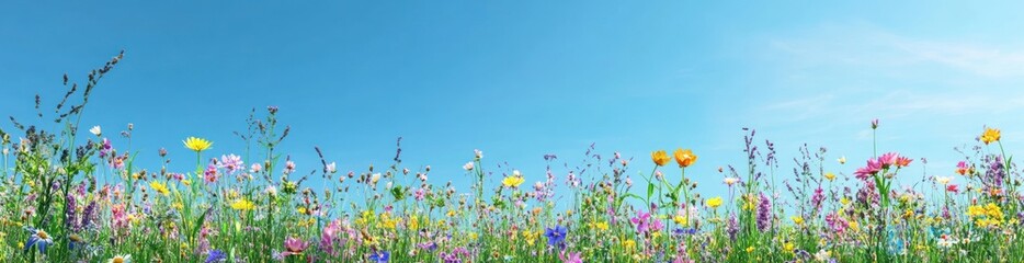A vibrant field of wildflowers under a clear blue sky, showcasing nature's beauty.
