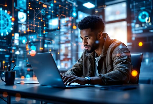 african american man working on a laptop - cybersecurity or it concept