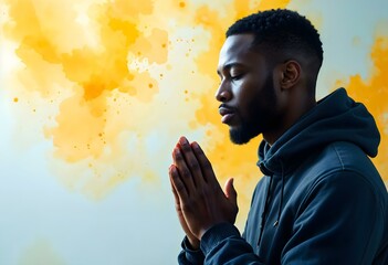 african man praying to god, graceful on a water color background.