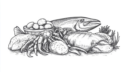 Fresh seafood display with fish, crabs, and shellfish arranged on a rustic surface