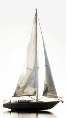 A sleek sailboat with white sails illuminated against a bright background, showcasing elegance and tranquility on the water.
