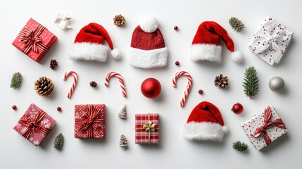 A set of various popular Christmas item including Santa hats, candy canes, and miniature gift boxes positioned individually with sharp, clear edges, making them ideal for design and creative 
