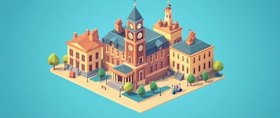 Fototapeta premium A stylized illustration of a town hall and surrounding buildings with trees and people.