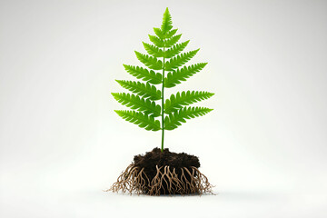 Naklejka premium Fresh Green Fern Plant with Vibrant Leaves and Exposed Roots Against a Minimalist Background for Eco-Friendly Themes and Nature Illustrations