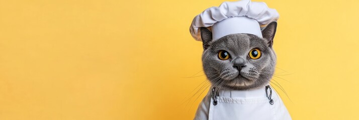 A gray cat dressed as a chef, wearing a white hat and apron, against a yellow background.
