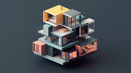 Obraz premium Abstract modular house design, colorful cubes interconnected, showcasing modern architecture and interior spaces.
