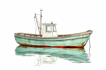 Obraz premium Colorful Fishing Boat on Calm Waters, Captivating Vintage Style with Reflections, Detailed Illustrative Artwork Ideal for Maritime Themes and Coastal Designs