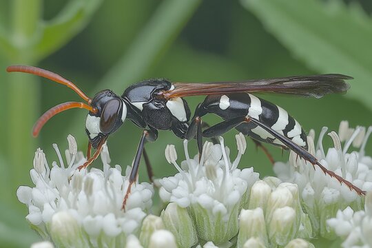 Close up of a black and white ichneumon wasp on a white flower showcasing fine insect anatomy natural beauty and ecological importance in a vibrant nature photography style