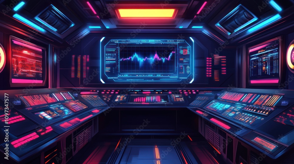 Poster futuristic control room with advanced technology displays