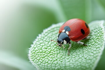 Naklejka premium Macro photography of a ladybug on a green leaf highlighting vibrant red black patterns natural beauty and environmental importance in crisp photorealistic detail