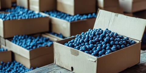 A collection of boxes filled with fresh blueberries in a storage area.