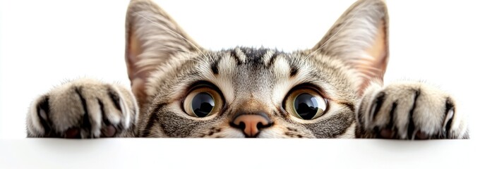 Fototapeta premium A curious cat peeks over a surface with wide eyes and paws visible.