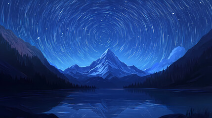 Fototapeta premium Star trails over mountain lake at night. Majestic Aurora Trail. Illustration