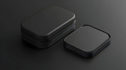 Two black rectangular boxes, one larger with a zipper, the other smaller and flat, on a dark background.