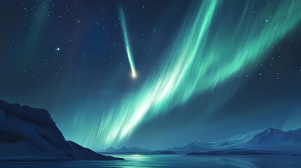 Luminous comet drifting through space. Majestic Aurora Trail. Illustration