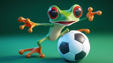 Obraz premium A cartoon frog playfully poses with a soccer ball, showcasing a fun, sporty theme.