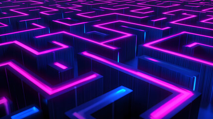 Abstract 3d maze with neon lights highlighting the pathways, representing complexity, challenge, and futuristic design. Neon Circuit Maze. Illustration