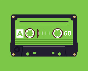 Audio tape poster. Cartoon retro music cassette backdrop, pop music album tape design flat vector background illustration. Old school music audio tape