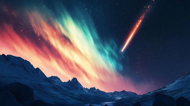 A meteor streaks across the sky, leaving a trail of fiery light against the vibrant backdrop of the aurora borealis. Majestic Aurora Trail. Illustration