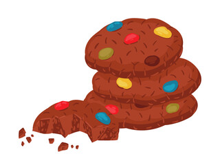 Chocolate cookies. Cartoon homemade crispy cookies with colorful dragee flat vector illustration. Sweet chocolate pastry with candies