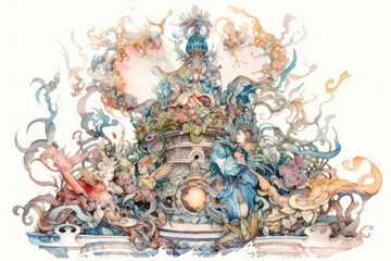 A unique illustration done in watercolor style with a rich fantasy plot. The image shows a complex composition with details in the form of mythical creatures,  