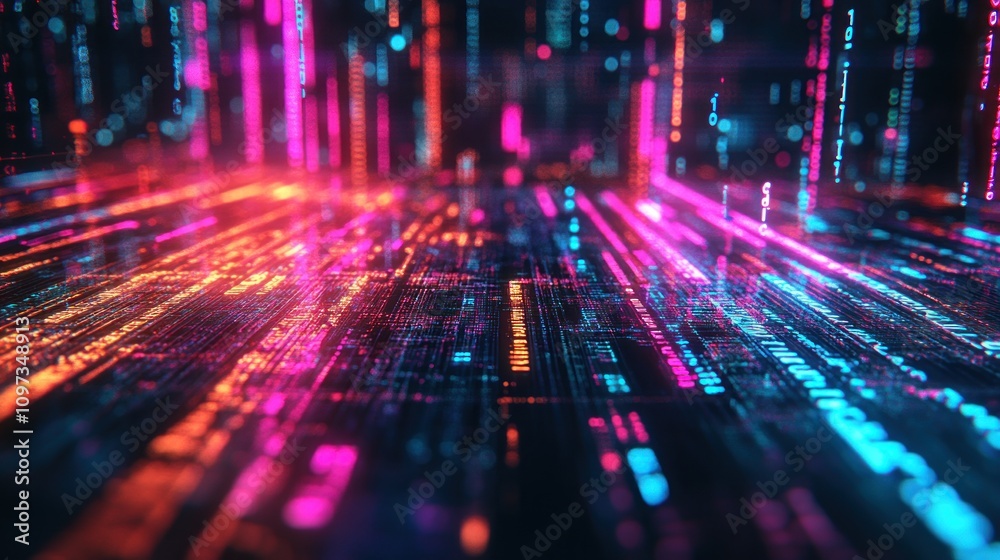 Poster abstract digital data stream neon lights flow