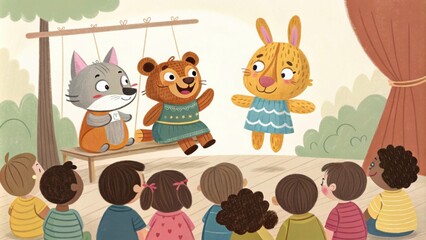 Naklejka premium A captivating puppet show featuring handmade animal puppets with a crowd of delighted children watching intently.