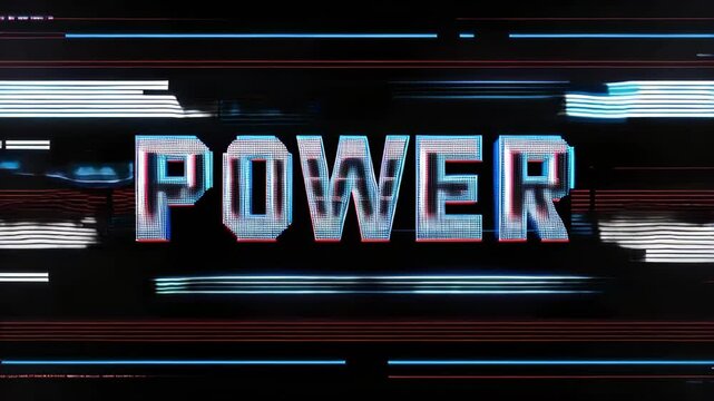 Power with a glitch style text effect use for logo and business brand. Retro 1980s video game graphics poster