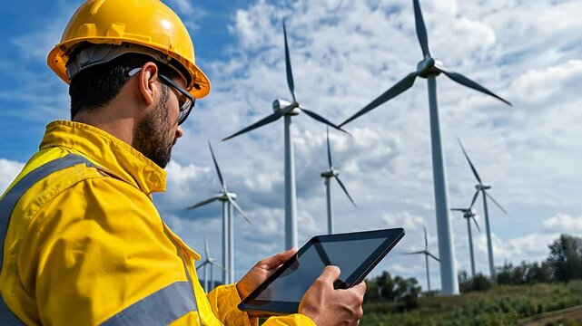 Worker in yellow jacket and helmet using a tablet near wind turbines under a cloudy sky.